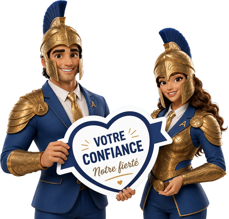 Les deux conseillers Athena AGGF en armure dorée tenant un panneau « Votre confiance, notre fierté »